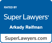 Profile Blue badge stating "Rated by Super Lawyers" featuring Schaumburg divorce attorney Arkady Reifman, with SuperLawyers.com displayed at the bottom.